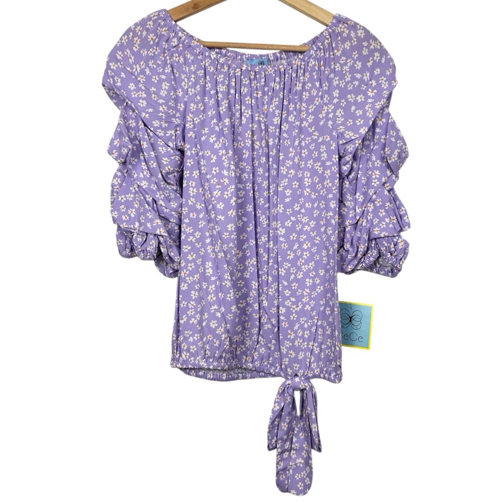 CECE NWT Ditsy Floral Blouse With Ruffle Sleeves, Purple/White, Small